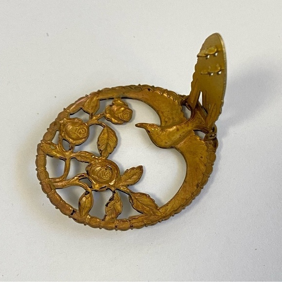 Vintage Bird Fur Clip Brass Gold Tone Floral Roses Hunger Games Katniss Style - Picture 8 of 9